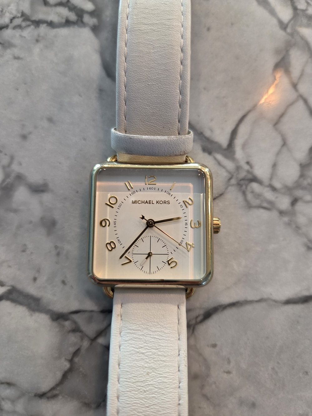 Womens MICHAEL KORS Square White Leather Strap Watch - Gold Accents